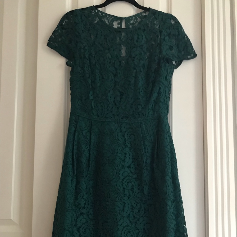 J. Crew Green Lace Fit-and-Flare Dress